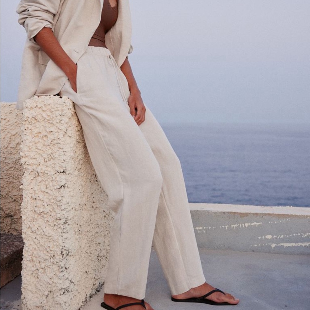 H&M Linen Viscose Blend High Waist Tapered Ankle Pants Drawstring Light Beige XL